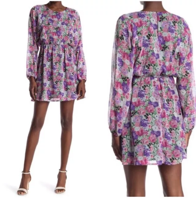 WAYF Purple Floral Long Sleeve Mini Dress Small