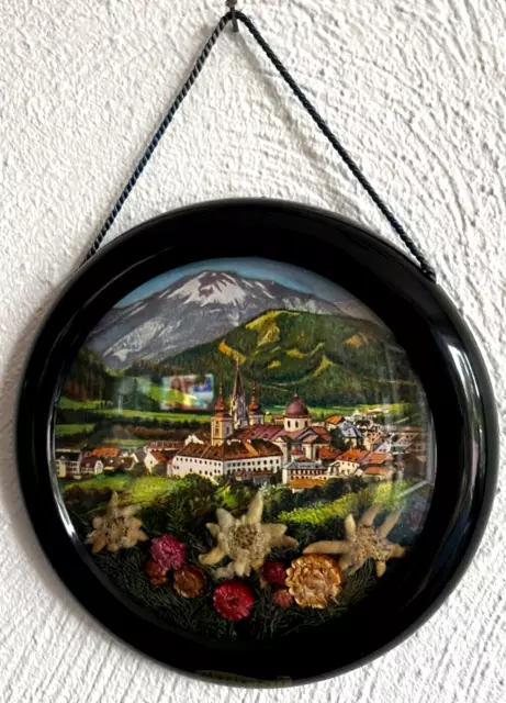 Bild rund Ø15cm Ansicht von MariaZell mit echten Blüten 3D Vintage or 60er Jahre