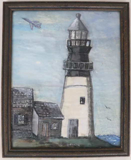 Vintage Lighthouse Scene Fighter Jet in Background Original Pastel Painting