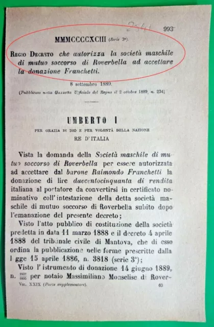 Roverbella(Mn)-Regio Decreto Autorizza Societa' Maschile Di Mutuo Soccorso -2541