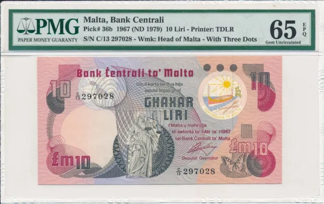 Bank Centrali Malta  10 Liri 1967  PMG  65EPQ