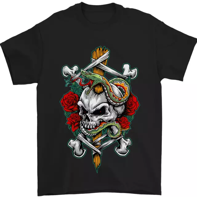 T-shirt da uomo gotica Skull and Snake Biker in metallo pesante 100% cotone