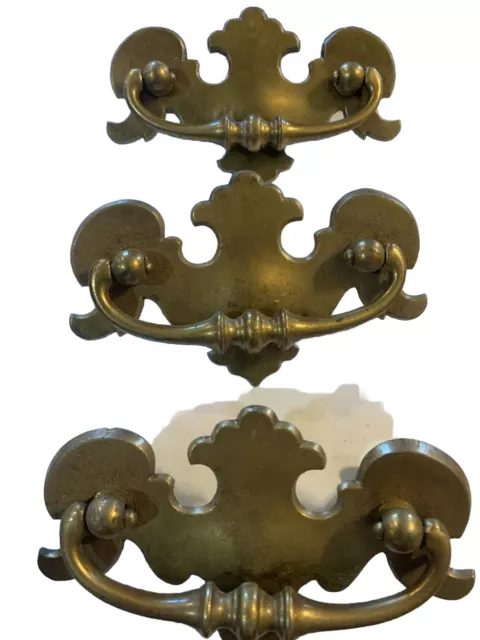 Antique Brass Dresser Drawer Pulls Ornate architectural salvage Lot Of 3