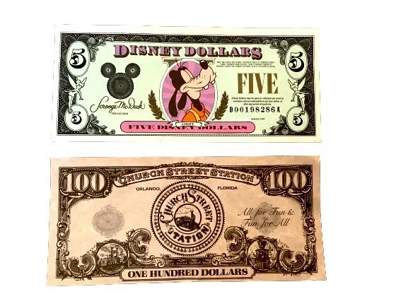 Disney Dollars ($5) And Church Street Station Currency (No Monetary Value) Disney Dollars ($5) And Church Street Station Currency (No Monetary Value)