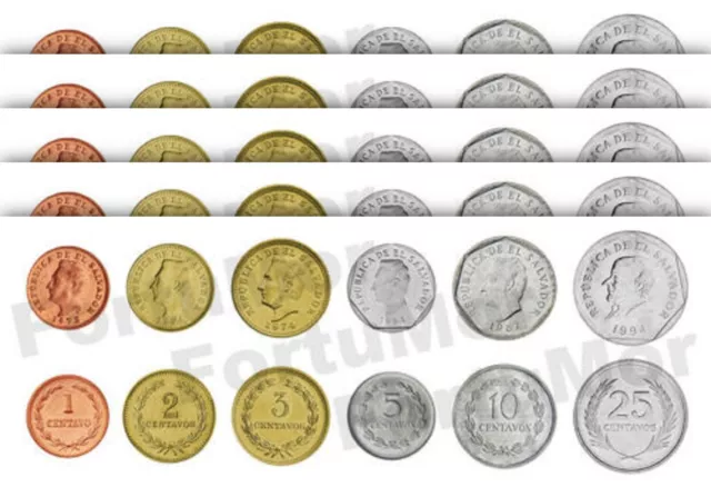 EL SALVADOR 5 (x) SET OF 6 COINS 1 2 3 5 10 25 CENTAVOS 1972 1999 (30 PCS)