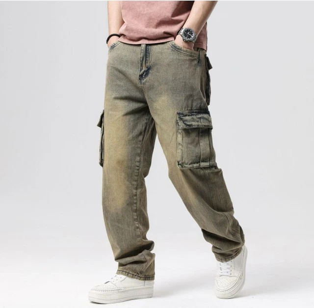 Men's Retro Color Straight leg pockets Punk Hip Hop Denim Jeans Pants Trousers