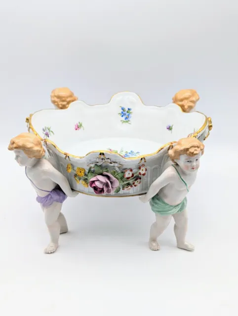 Antique Von Schierholz Dresden Meissen Style 13" Cherub Floral Console Bowl 1930 3