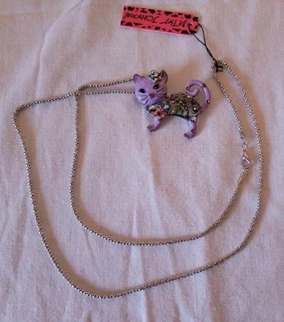 Betsey Johnson Enamel Crystal Cat Kitten Pendant Necklace Chain Brooch Pin NWT
