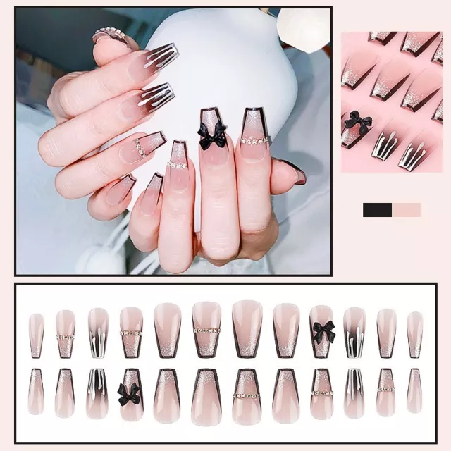 24 Painted False Nails Press on Coffin French Diamante Bow Tie Set Long Natural