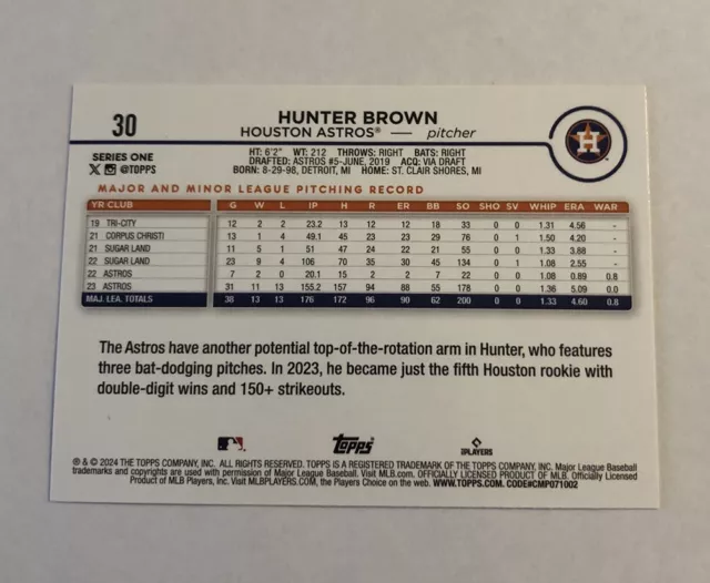 HUNTER BROWN 2024 Topps Series 1 Future Stars #30 Houston Astros EUR 1 ...
