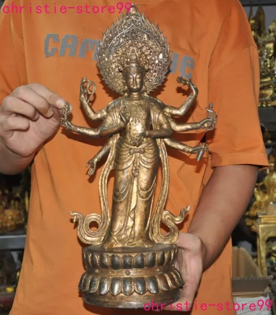 16" Tibet Buddhism temple bronze Gilt 8arms Tara Kwan-Yin GuanYin Goddess statue