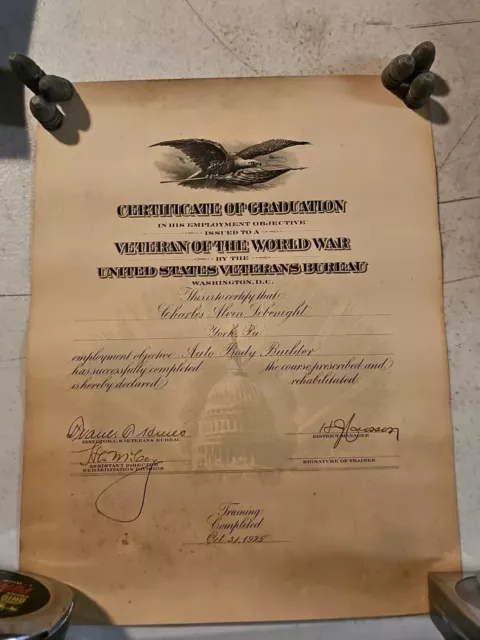 United States Veterans Bureau 1925 WW1 Veteran Certificate Of Graduation