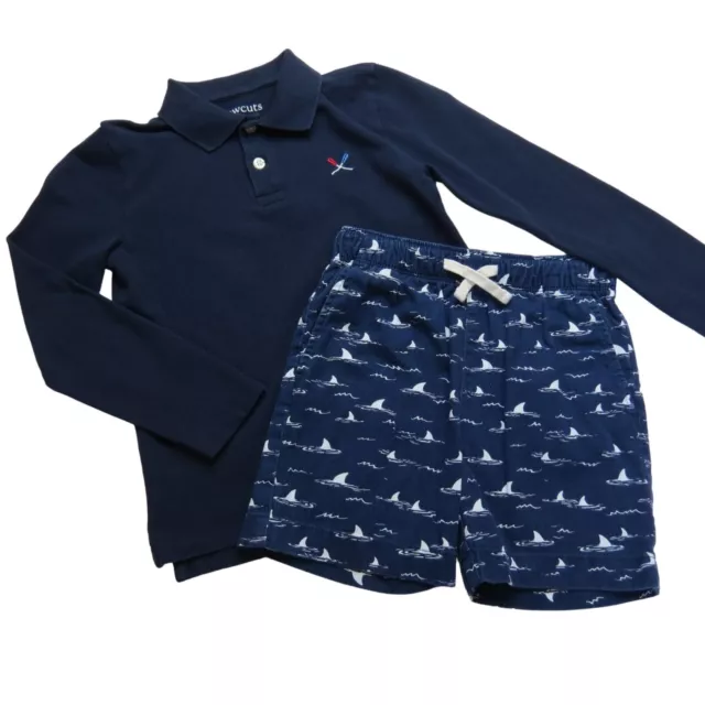CREWCUTS Boy's Navy Blue Nautical Outfit Long Sleeve Polo Shark Print Shorts 6-7