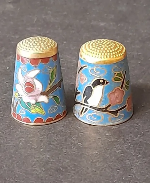 Vintage - 2 CLOISONNE ENAMEL Bird & Flower GOLD Metal THIMBLES