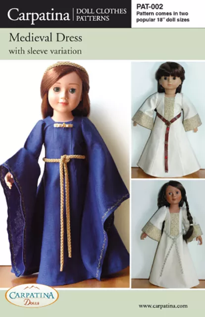 Medieval Dress Printed Pattern MultiSize For 18" American Girl & Carpatina Dolls
