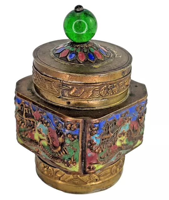 Vintage Chinese Brass & Cloisonne Enamel Tea Caddy Snuff Trinket Box Gift