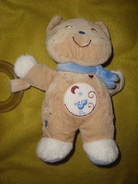 G # RARE DOUDOU chat beige echarpe bleue hochet grelot POMMETTE  TBE