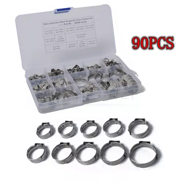 90pcs Stainless Steel Single Ear Hose Clamps Fuel Air Pipe O-Clips 12 Size Kits