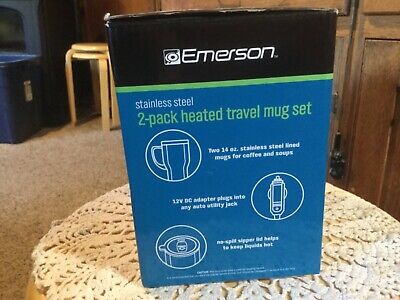 New Emerson Stainless Steel 2 Pack Heated Travel Mug Set.  14 Oz.  12 V Adapter 3