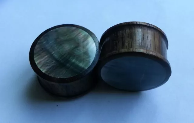 One Pair Handmade Black Shell Inlay Sono Wood Double Flared Ear Plugs Gauge