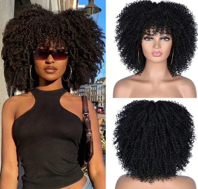 Perruque Courte Synthétique Bouclée Noire Style Afro Avec Frange - Bonnet Inclus