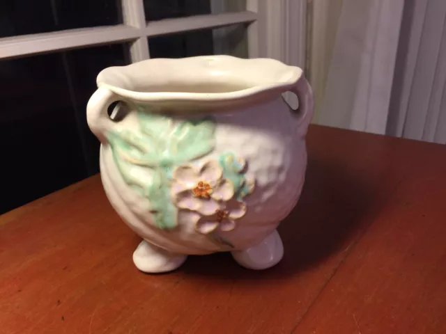 VTG WELLER ART POTTERY White VASE “DELSA”  BLOSSOMS 3 HANDLE 3 footed