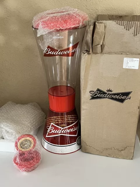 Budweiser Beer Super Tube 128 Ounce Dispenser Tap Tower Bar Sign Man Cave READ