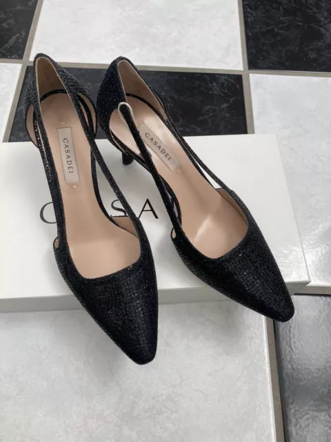 NIB 100% AUTH Casadei Black Glitter Side Cut Out Pumps Sz 35.5