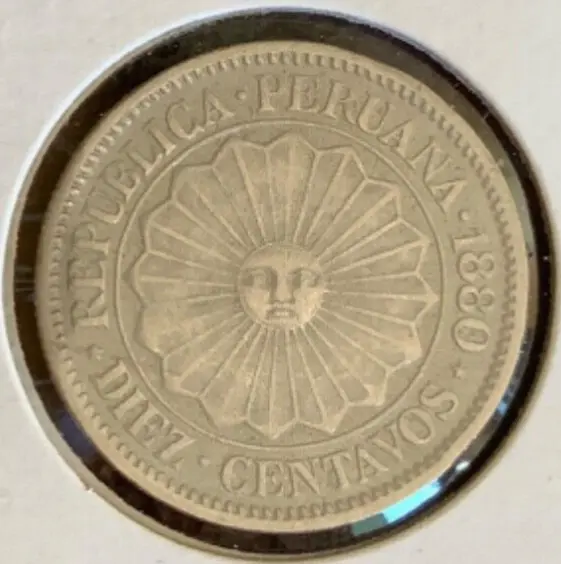 1880 PERU 10 Centavos - EARLY DATE - Great Copper-Nickel Coin
