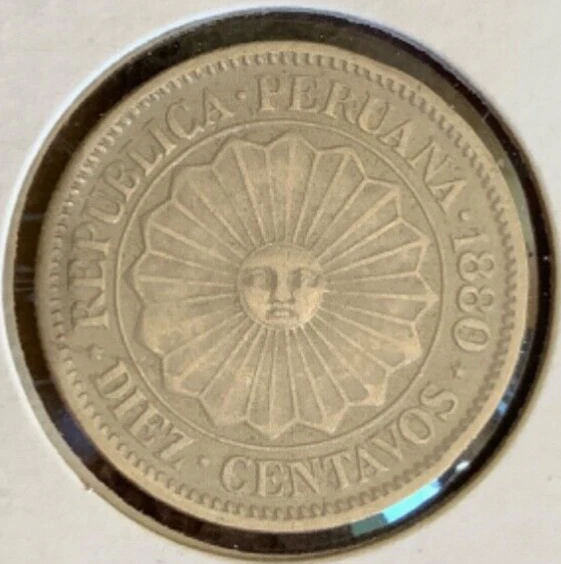1880 PERU 10 Centavos - EARLY DATE - Great Copper-Nickel Coin