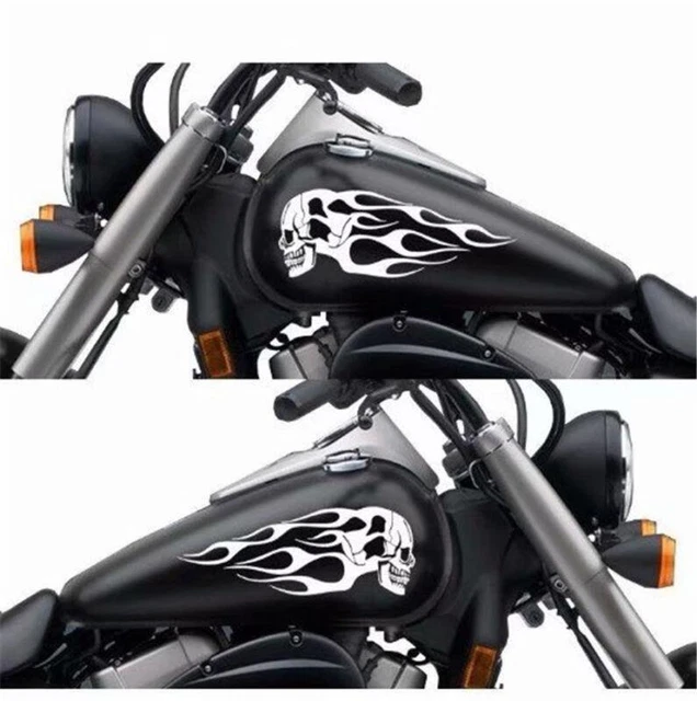 DIY Pair Sticker Waterproof Motorcycle Gas Tank White Skull Flame Stripes Decals