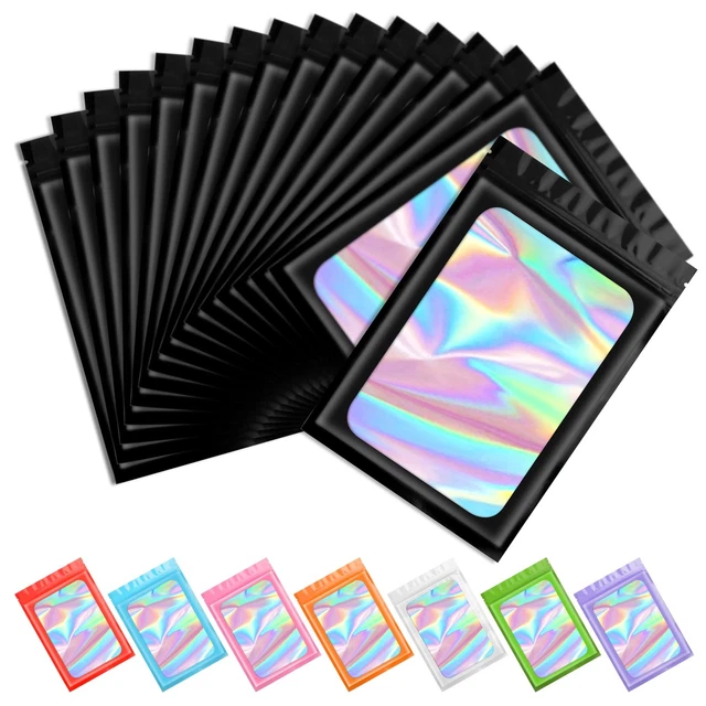 100 pcs Black Mylar Bags Holographic Packaging Bags,Clear Resealable Smell Proof