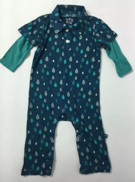 KicKee Pants Baby Boys' Print Polo Romper in Peacock Rain Drops Size 3-6 Months