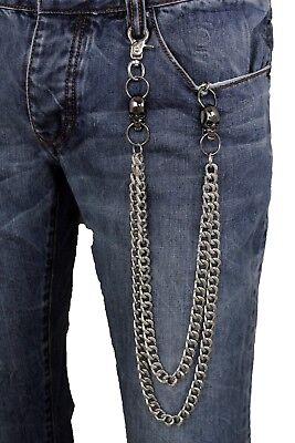 Men Silver Wallet Chains Metal Links KeyChain Jeans 2 Strands Skeleton Skulls