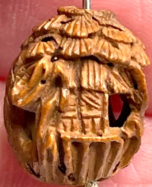 Antique Chinese Carved Hediao Bead 14mmx11mm Buddhist Prayer Olive Pit Bead #6
