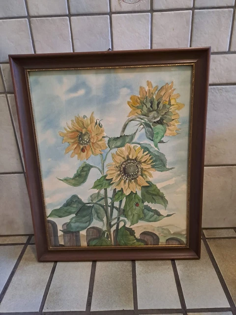 VINTAGE KUNSTDRUCK-AQUARELL&amp;SONNENBLUMEN MIT Marienkäfer&amp;quot;im Holzrahmen ...