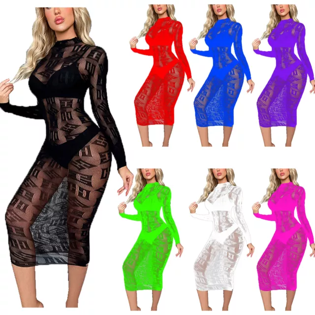 Women Fishnet Maxi Dress See Through Mesh Nightwear Long Sleeve Bodycon Lingerie