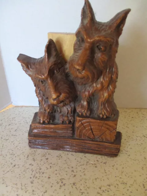 Vintage Brush Holder Syroco Wood, 2 Scottish Terrier Dogs Brush Holder & Brush