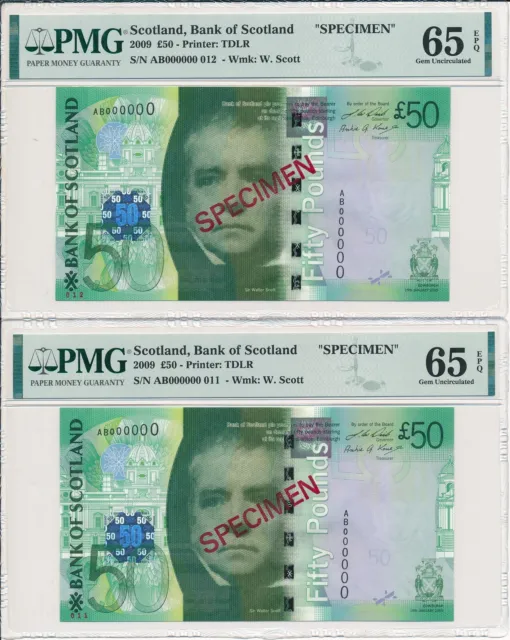 Bank of Scotland Scotland  50 Pounds 2009 Specimen PMG  65EPQ 2 Pcs in cont. no