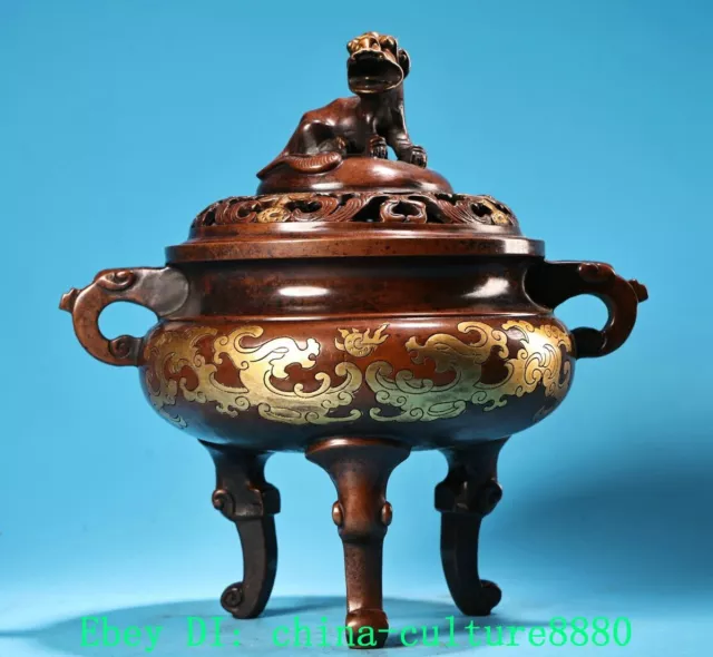 9 "Old Dynasty cuivre violet 24 K or dragon lion encensoir censer