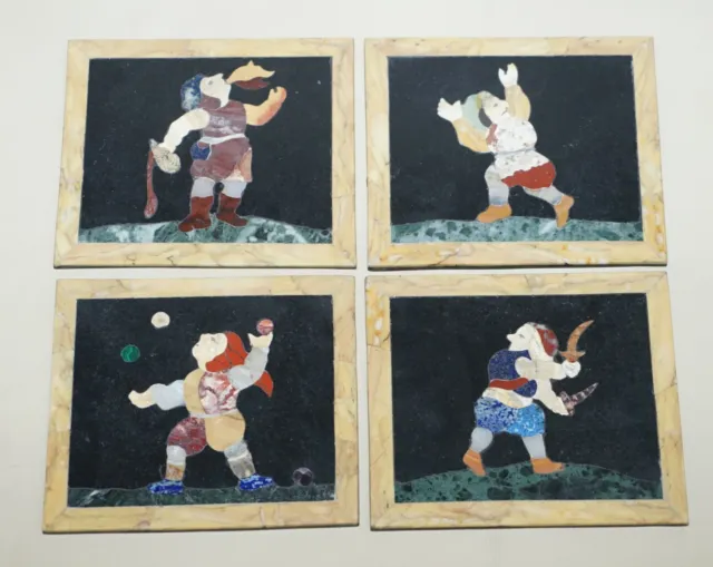 Four Rare Antique Italian Pietra Dura Marble Tiles Wall Plaque Fire Eater Jester