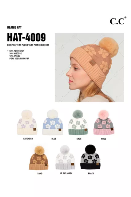 C.C Exclusivo Para mujeres Invierno Grueso Suave Patrón Margarita Peluche Hilo Pom Piel Gorro 2