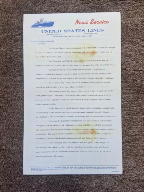 United States Lines - ss United States  - "Withdraw From Service" - 1969