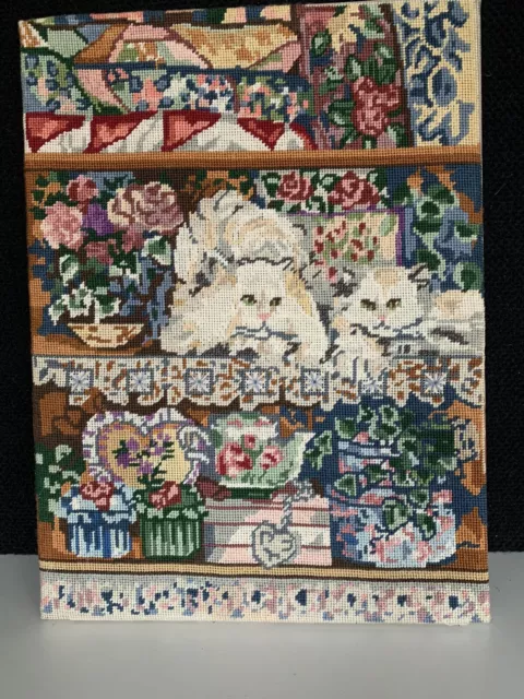 White Persian Cat Needlepoint Completed 12x16 Kitten Cupcakes Flower Shop