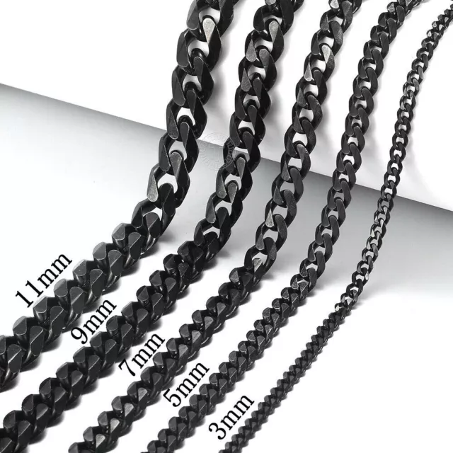 3/5/7/9/11mm Cuban Curb Mens Necklace Black Stainless Steel Link Chain 18"-30"