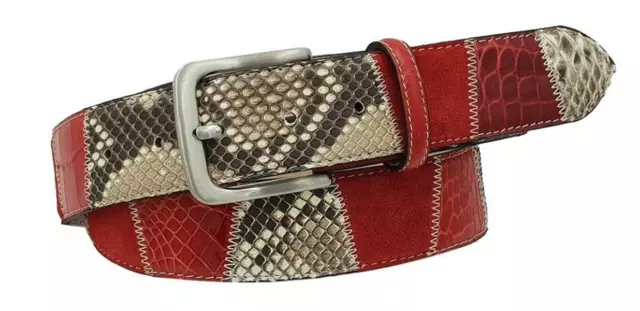 Ceinture rouge 4 cm Patchwork de vrai python, vrai crocodile et daim