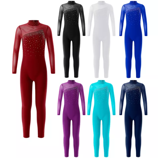 Girls Rhinestone Skating Jumpsuit Gymnastics Leotard Unitard Full Body Dancewear