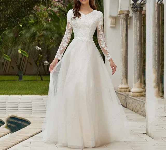 Lace Plus Size Wedding Dresses Long Sleeves Sparkling A-line Tulle Bridal Gowns