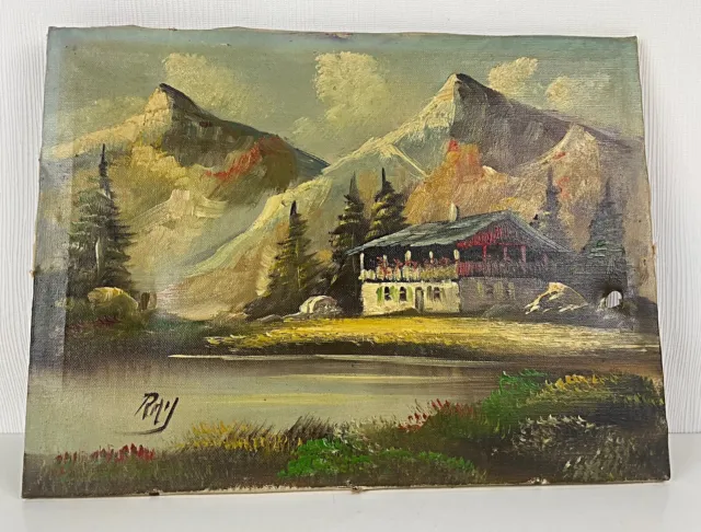 Ancienne XXème très belle huile sur toile sujet chalet à la montagne