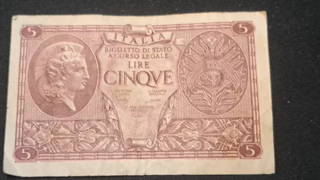 Regno D'italia Banconota Da Lire 5 Del 1944